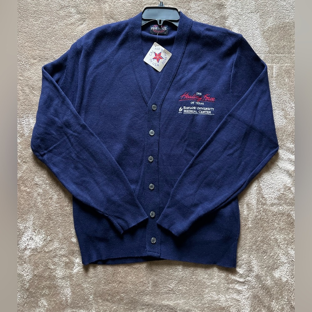Vintage New Pine State Men’s Blue Cardigan Sweater Healing Force of Texas Size M